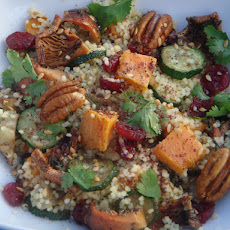 Saffron Couscous with Roast Autumn Vegetables, Pecans, Cranberries and Figs