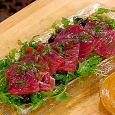 Tuna Carpaccio with Capers, Olives, Lemon Zest, Arugula and Olive Oil