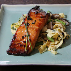 Sake Glazed Salmon with Garlic Chive Egg Noodles