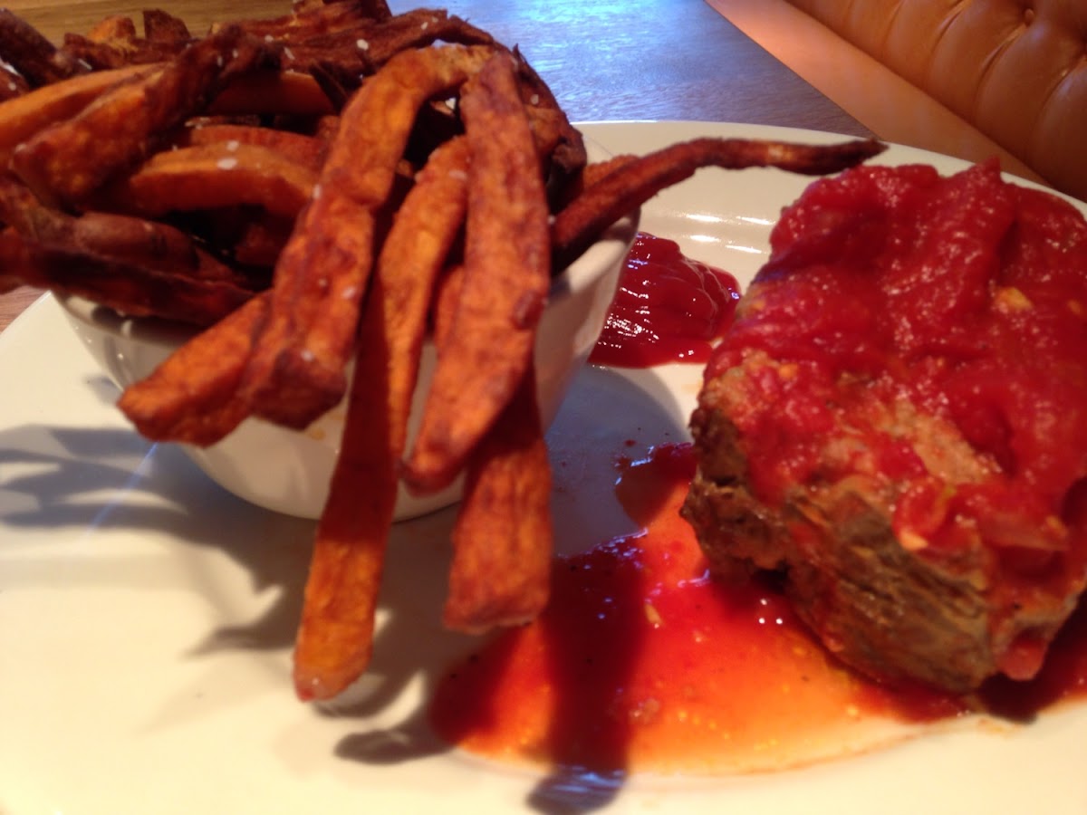 Gluten free meatloaf and sweet potato fries.