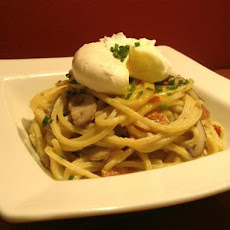 Bucatini Carbonara with Cremini Mushrooms and a Warm Poached Egg
