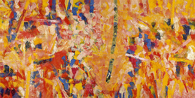 <strong>The Sea Is Circled and Sways (for William Carlos Williams)</strong> 
<br />Acrylic on unstretched canvas 
<br />70” x 140” 
<br />1986 
<br />Private collection: Victoria