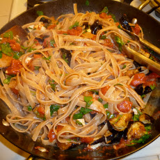 Hearty pasta with roasted eggplant and feta