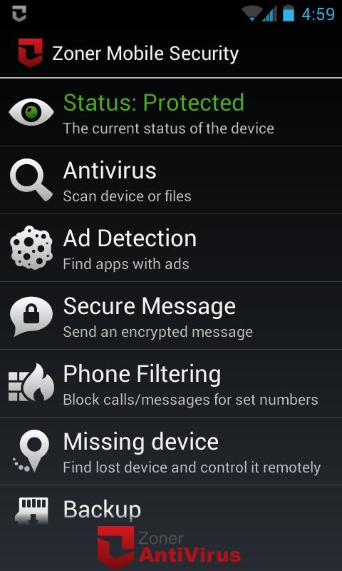 Android application Zoner Mobile Security screenshort