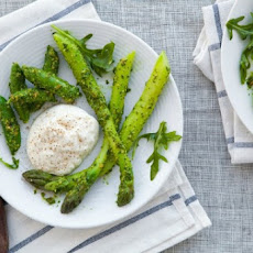 Burrata with Asparagus, Sugar Snap Peas and Pistachio-Arugula Pesto