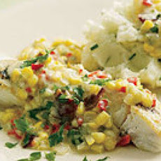 Halibut with Corn Gravy and Chive Mashed Potatoes