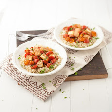 Roasted Curried Tomatoes with Fried Paneer and Rice