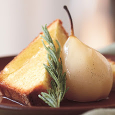 Cornmeal Pound Cake with Rosemary Syrup, Poached Pears, and Candied Rosemary