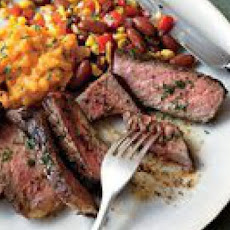 Coffee-Rubbed Steaks with Sweet Potatoes and Succotash