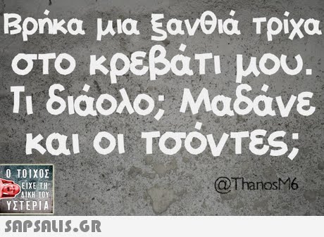 Βρήκα μια ξανθιά Τρίχα στο κρεβάτι μου Τι διάολο; Μαδάνε και οι TOOVTES Ο ΤΟΙΧΟΣ ΕΙΧΕ ΤΗ ΔΙΚΗ 10 ΥΣΤΕΡΙΑ @ThareshM6 