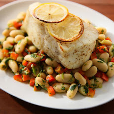 Halibut with Watercress Pesto and Cannellini Beans Recipe