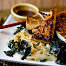 Pan Fried Tofu, Kale, and Stir-Fried Noodles