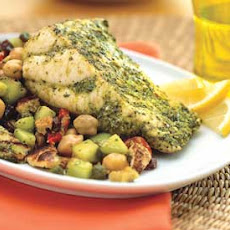 Marinated Sturgeon with Moroccan Chickpea Salad