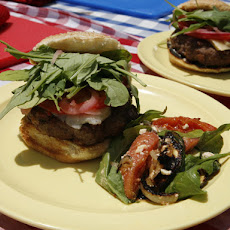 Big Fat Burger with Gruyere, Ham, Pickled Onions, Arugula, and Garlic Mayo