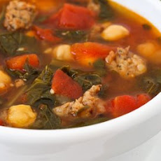 Sausage and Red Russian Kale Soup with Tomatoes, Chickpeas, and Herbs