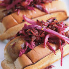 Chicken Sausages with Warm Red Slaw-Kraut