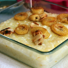 Coconut and Saffron Tapicoa Pudding with Fried Bananas and Almonds