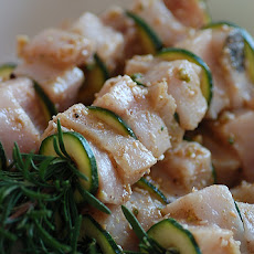 Skewered Marinated Swordfish and Cucumber