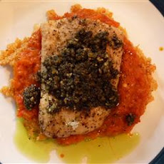 Grilled Mahi Mahi with Roasted Pepper Sauce and Cilantro Pesto