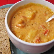Easy Cheesy Tomato Potato Chickpea Soup!