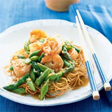 Asparagus and Shrimp Stir-Fry on Noodle Pillows
