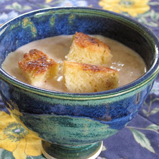 Blushing rhubarb bisque with Challah croutons