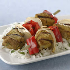 Grilled Indian Pork Kabobs with Sweet Onions and Red Bell Peppers