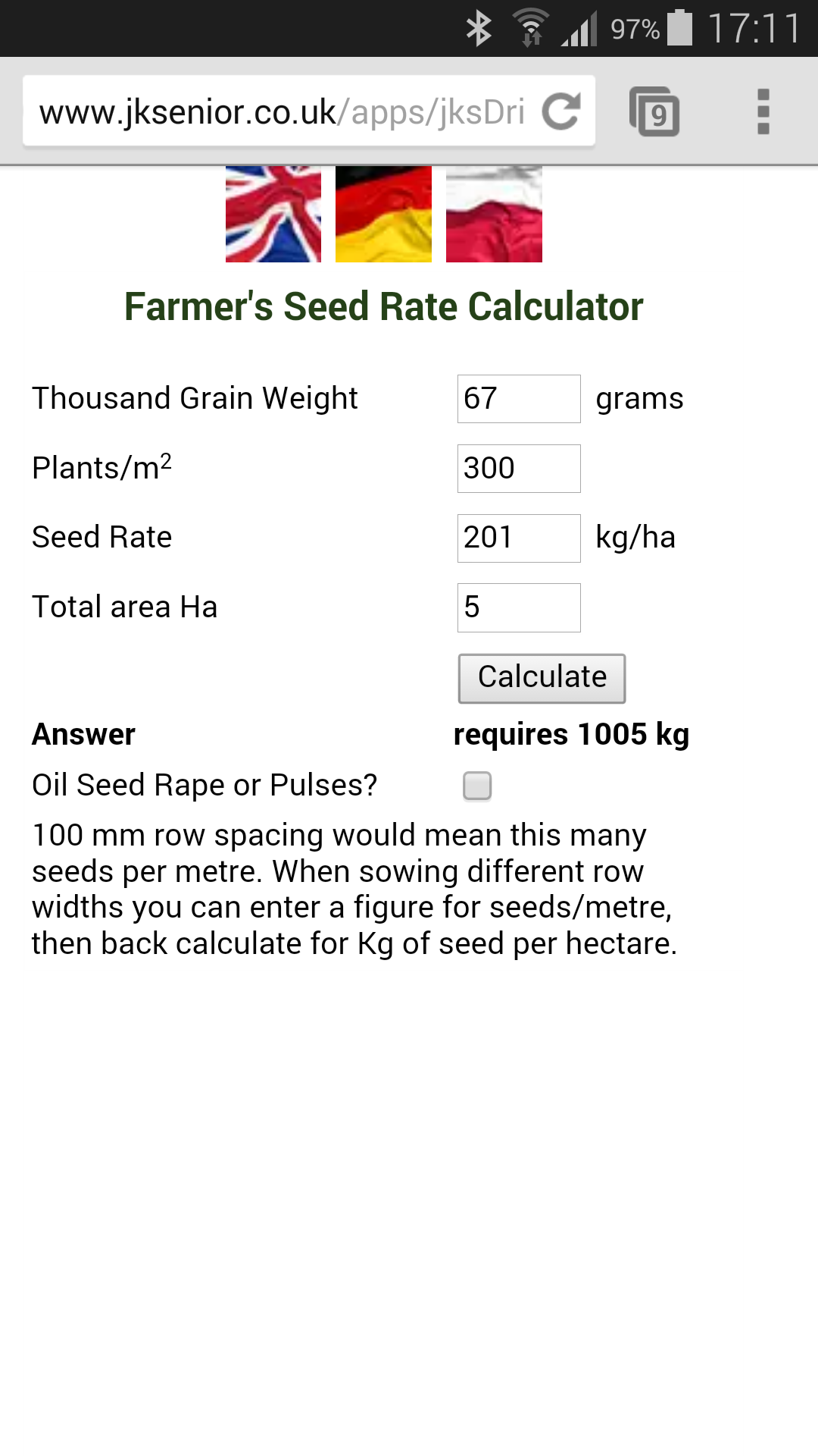 Android application Seed Rate cal per row&amp;sq metre screenshort