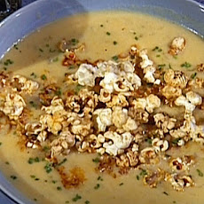 Cheese and Beer Soup with Spicy Popcorn Garnish