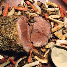 New York Strip and Fall Vegetable Roast with Mustard Cream Sauce