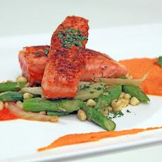Paprika Seared Salmon with Carrot-Ginger Puree and Red Pepper Coulis