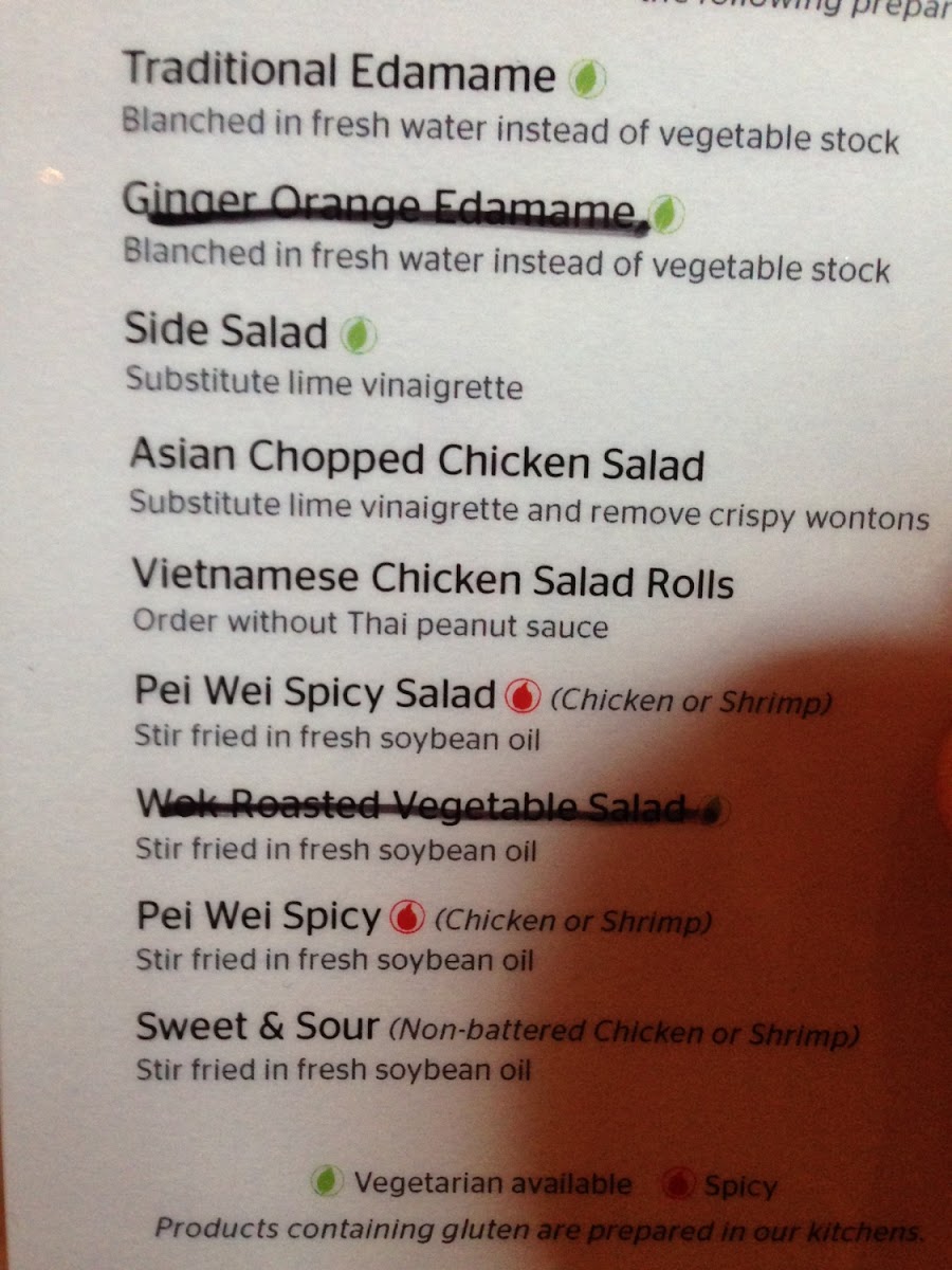 GF menu. Just ask the cashier. I enjoyed the chicken salad rolls, spicy chicken and edamame.