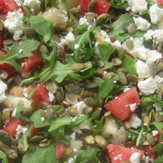 Watermelon Salad with Orange, Beetroot, Olive and Pumpkin Seed Dressing