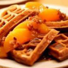 Sweet Potato Pecan Waffles with Praline Peaches