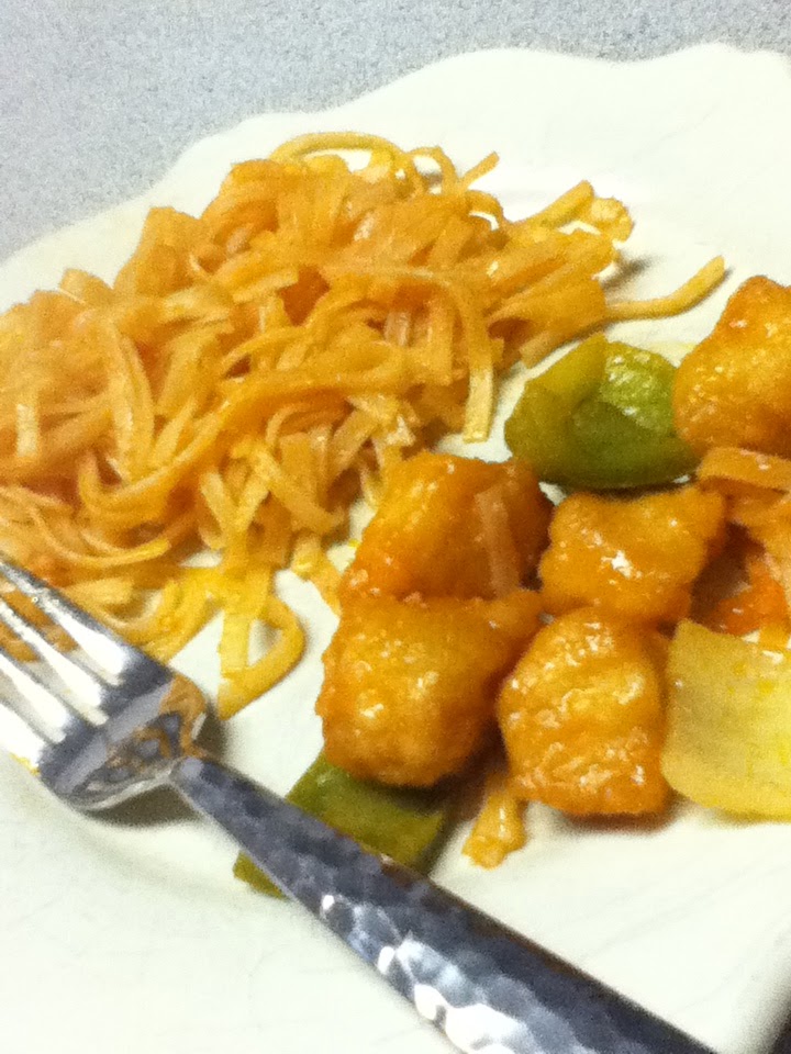 Sweet and sour chicken with rice noodles