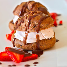 Chocolate Profiteroles with Strawberry Ice Cream