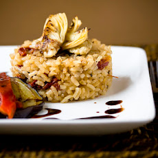 Baked Sundried Tomato Risotto With Grilled Veggies and Balsamic Reduction