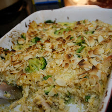 Cheesy Broccoli, Chicken and Rice Gratin with Crisp Almonds