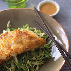 Sauteed Cod on Snow Peas and Cabbage with Miso Sesame Vinaigrette