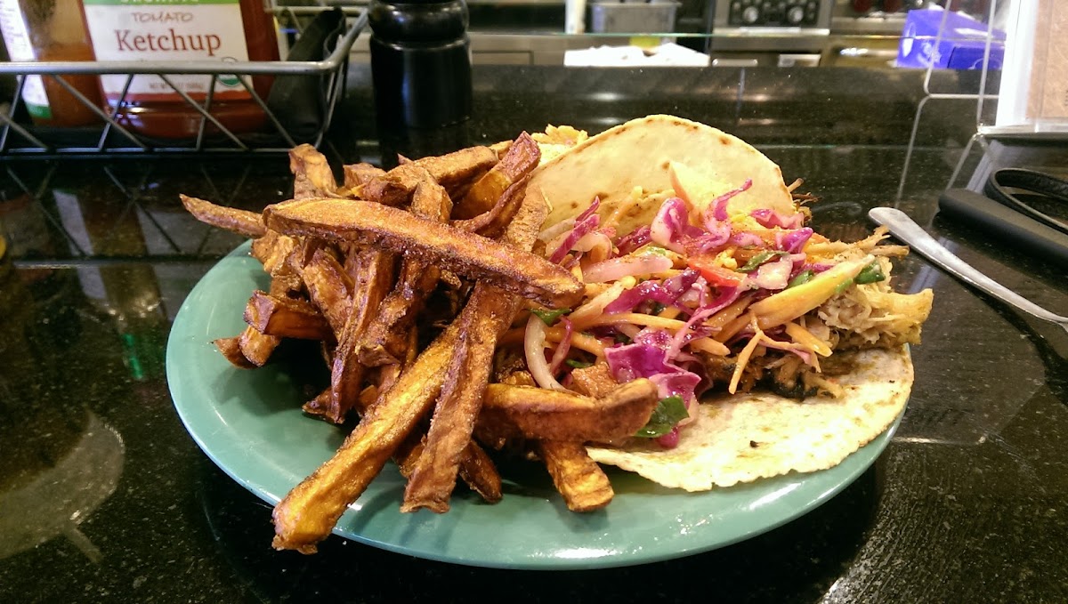 Special at the Vue counter, pork tacos with apple slaw and sweet potato fries. Awsome!