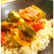 Okra and Cherry Tomatoes over Brown Rice