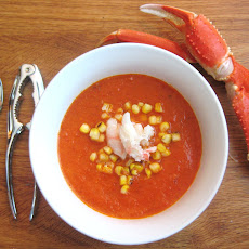 Roasted Red Pepper Soup with Charred Corn and Crab