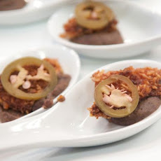 Crispy Fried Kellogg's® Crispix® Ham with Black Bean Puree and Pickled Jalapenos