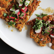 Kimchi, Pork + Scallion Pancake with Watercress-Radish Relish