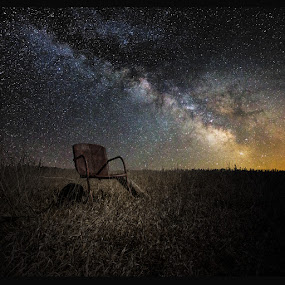 Redneck Planetarium by Aaron Groen - Landscapes Nightscapes ( field, chair, old, star gazing, stars, planetarium, south dakota, milky way stars, rusty, milky way )