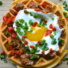 Herb Waffles with Sausage, Peppers, and a Fried Egg