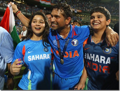 Sachin Tendulkar takes a victory lap along with daughter Sara and son Arjun