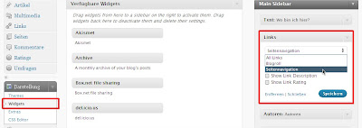 Screenshot WordPress Widgets-Administration Anlegen und Einstellen des Links-Widgets (Klicke zum Vergrößern)