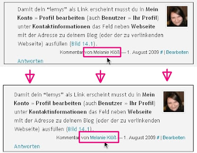 Screenshots Name mit und ohne Verlinkung Der Name, der beim Kommentieren hinterlassen ist - soll verlinkt sein.