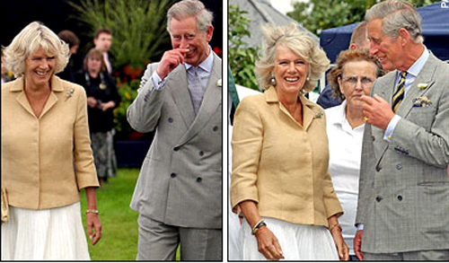 two photos of Charles, Prince of Wales and his wife Camilla, Duchess of Cornwall, laughing together